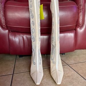 Gianni Bini Audrina Dawn Beige Mesh Rhinestone Tall Boots SZ Various Orig. $198